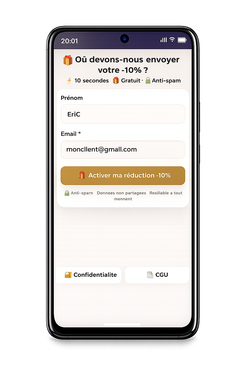 Étape 2 — Inscription client email et prénom en 10 secondes