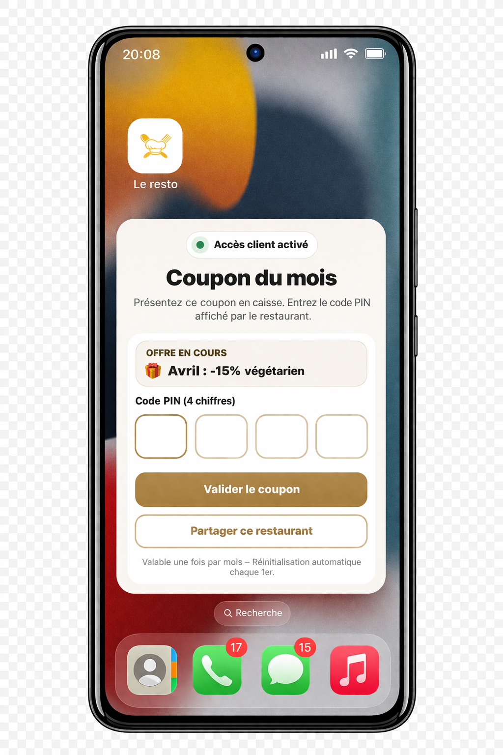 Étape 5 — Coupon de fidélité du mois avec code PIN en caisse