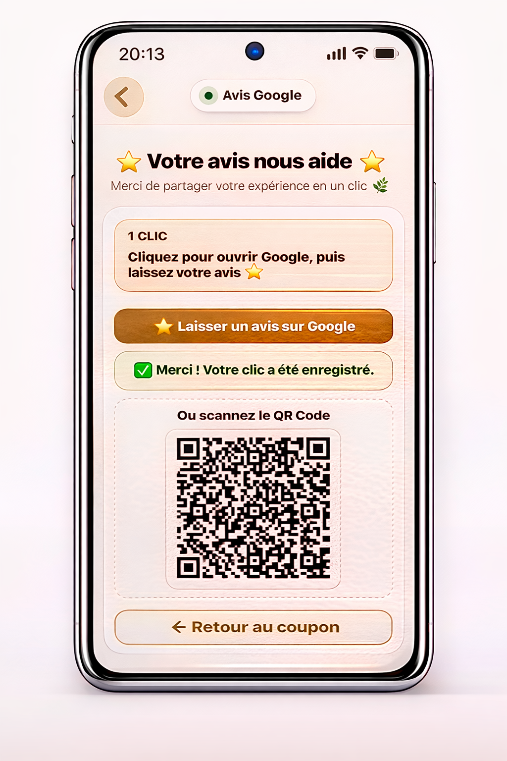 Étape 7 — Client redirigé vers avis Google en 1 clic