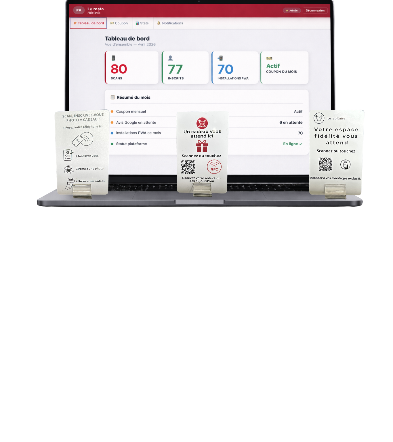 Interface Fidelavis — tableau de bord commerçant et parcours de fidélisation client NFC
